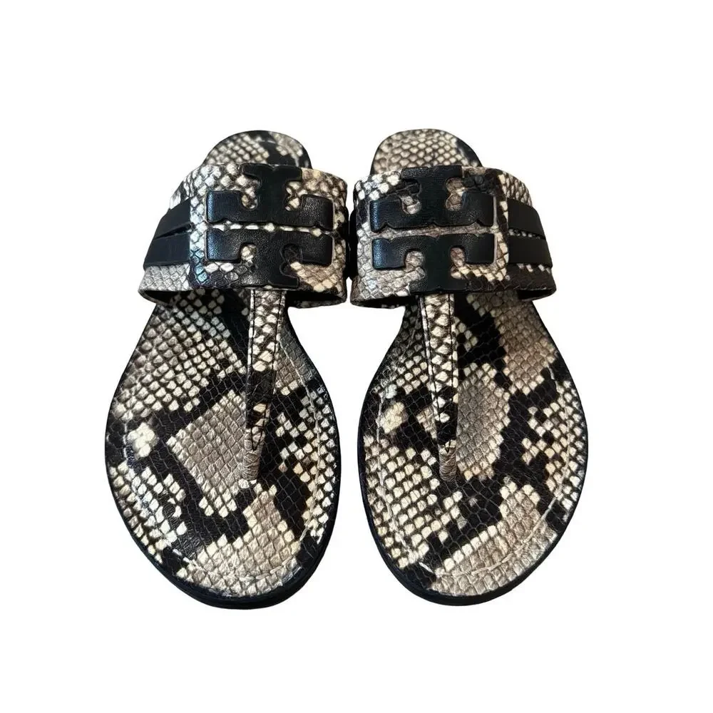 Tory Burch Leigh Snakeskin Print Leather Thong Sandals Roccia Size 7